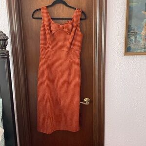 “Stop Staring” pumpkin orange and black houndstooth retro look fitted dress XL